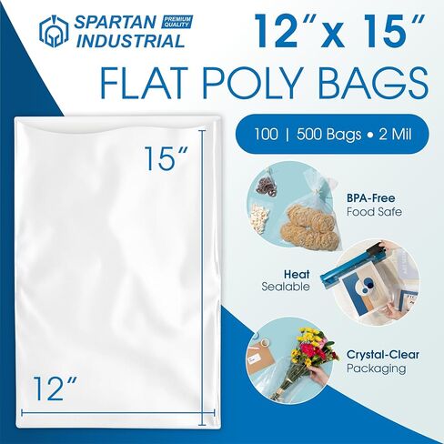 أكياس بولي مسطحة مفتوحة النهاية مقاس 12 × 15 بوصة (عدد 500) - 2 مل من البلاستيك الشفاف - بدون شريط لاصق - للتغليف والشحن والتخزين - صناعة سبارتان in Kuwait