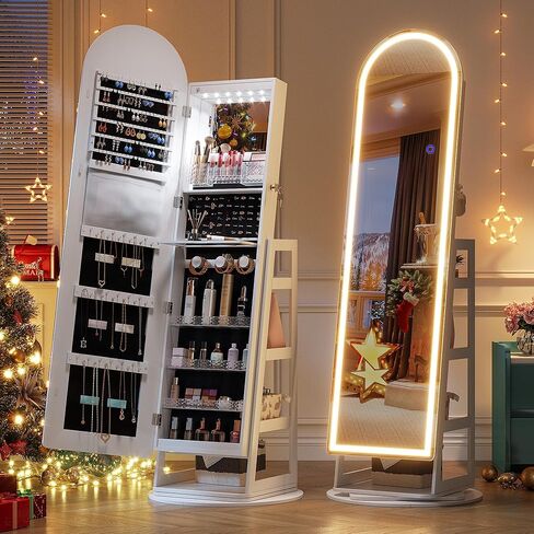 LVSOMT LED Mirror Jewelry Cabinet Standing, Lockable Jewelry Armoire with Arched Full-Length Mirror and Adjustable LED Lights, Space-Saving Jewelry Organizer with Mirror(Black) in Kuwait