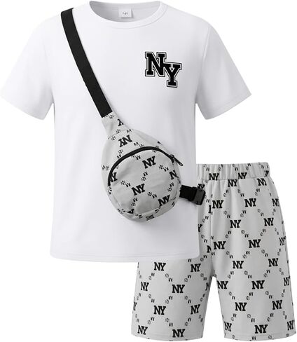 ملابس الصيف الأولاد الأزياء قصيرة الأكمام تي شيرت مجموعة قصيرة المتقاطع حقيبة جسم 3 قطعة ملابس سببية الحجم 7-15 in Kuwait