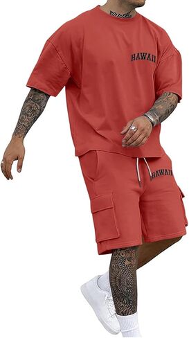 Men Outfits 2 Piece Fashion Casual Drop Shoulder Oversize Tee Shirt Shorts Set Athletic Jogging Summer Tracksuits in Kuwait