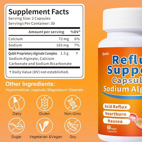 ألجينات الصوديوم من كيوبيت للارتجاع الحمضي - بدون مذاق ومذاق جيد، سهل البلع، للارتجاع الصامت وحرقة المعدة وعسر الهضم - حاجز طوف الذواقة على المعدة - 60 كبسولة نباتية in Kuwait