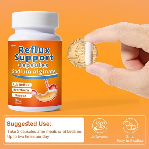 ألجينات الصوديوم من كيوبيت للارتجاع الحمضي - بدون مذاق ومذاق جيد، سهل البلع، للارتجاع الصامت وحرقة المعدة وعسر الهضم - حاجز طوف الذواقة على المعدة - 60 كبسولة نباتية in Kuwait