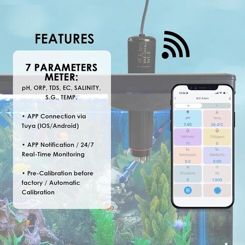 Smart Water Quality Monitor, 7-in-1 pH | Temperature | TDS | EC | Salinity | S.G & ORP WiFi Water Quality Tester Probe, EC pH Monitor for Hydroponics, Aquarium, 24/7 Real-Time Monitoring in Saudi Arabia