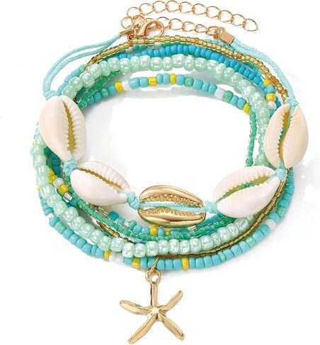 17IF 7 Pcs Colorful Shell Bracelet Anklet Set for Women, Boho Bead Strech Adjustable Beach Seaside Starfish Conch Chain Summer Travel Jewelry Gift in Kuwait
