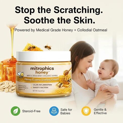 Honey Eczema Soothing Cream for Babies & Kids – Powered by Medical Grade Honey + Colloidal Oatmeal, Steroid-Free Relief for Severe, Itchy, Red, Sensitive Skin, 4 Oz(1pc) in Saudi Arabia