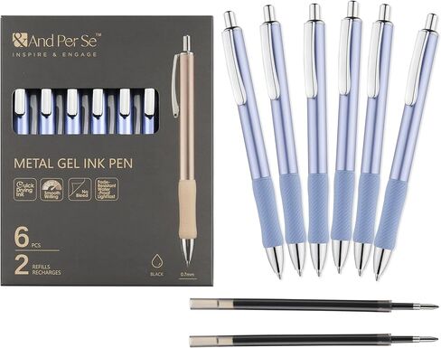 &And Per Se Metal Gel Pens, 6 Pcs 0.7mm Black Ink Pens, Medium Point Smooth Writing Pens, with 2 Extra Refills (Champagne Metal Barrel-Set) in Kuwait