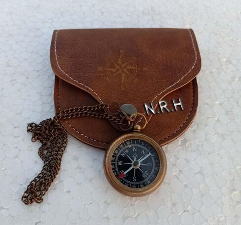 Brass Compass with Leather Case and Chain Locket Compass Navigation Compass Best Distributing Gift Graduation Gift Groomsmen Gift in Kuwait