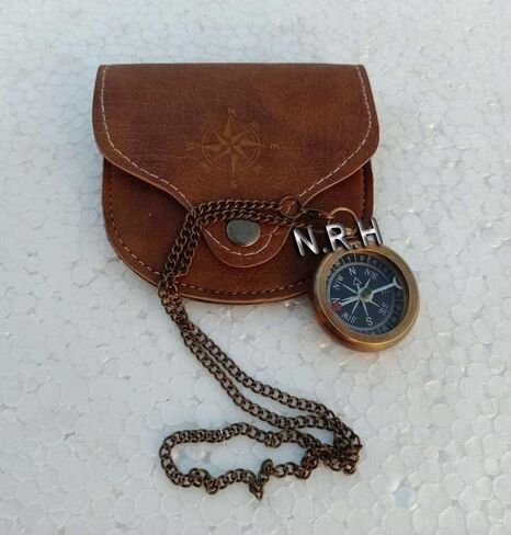 Brass Compass with Leather Case and Chain Locket Compass Navigation Compass Best Distributing Gift Graduation Gift Groomsmen Gift in Kuwait