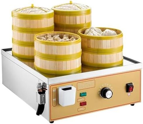 Commercial Electric Dim Sum Steamer, 4-Hole Bun Maker with Dry Boil Alarm, Independent Water Supply, Adjustable 30-110℃ Temperature Control for Perfect Steaming in Saudi Arabia
