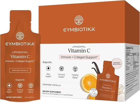 CYMBIOTIKA Liposomal Vitamin C Supplement, Immune Health, Skin Health, Healthy Aging, Enhanced Absorption, Gluten Free, Soy Free, Plant-Based, Orange Vanilla Flavor, 28 x 15 mL Liquid Packets in Kuwait