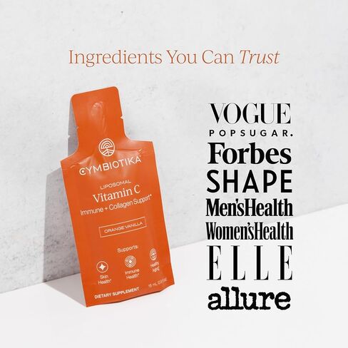 CYMBIOTIKA Liposomal Vitamin C Supplement, Immune Health, Skin Health, Healthy Aging, Enhanced Absorption, Gluten Free, Soy Free, Plant-Based, Orange Vanilla Flavor, 28 x 15 mL Liquid Packets in Kuwait