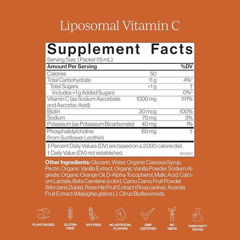 CYMBIOTIKA Liposomal Vitamin C Supplement, Immune Health, Skin Health, Healthy Aging, Enhanced Absorption, Gluten Free, Soy Free, Plant-Based, Orange Vanilla Flavor, 28 x 15 mL Liquid Packets in Kuwait