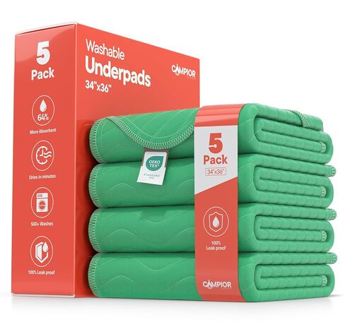 Washable Underpads Large 34"x36" (Pack of 5) – Reusable Waterproof Bed Pads for Adults & Seniors, Extra Heavy Absorbency Incontinence & Bedwetting Pads, Soft Non-Slip TPU Backing, Green. in Saudi Arabia