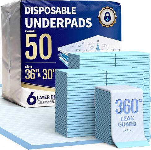 Powools Bed Pads Disposable Adult - 50 Count Incontinence Bed Pads, Super Absorbent Pee Pads for Adults, Skin-Friendly & Disposable Changing Pads for Baby, Leak-Proof Puppy Pads, 36" x 30" in Kuwait