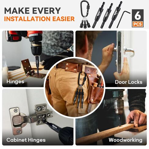 طقم لقم مثقاب ذاتي التمركز مكون من 6 قطع مع سلسلة مفاتيح لحامل اللقم، لقم ثقب مفصلية HSS VIX مقاس 3/32 بوصة، 7/64 بوصة، 1/8 بوصة مع ساق سداسية 1/4 بوصة لتركيب الخزانة والباب بشكل دقيق in Kuwait