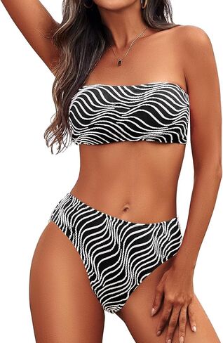 Zuvebamyo طقم بيكيني نسائي بدون حمالات مكون من قطعتين ملابس سباحة مضلعة وأربطة لباس سباحة in Kuwait