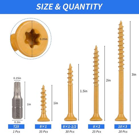 Outdoor Wood Deck Screw Kit, Bronze Rust-Resistant Epoxy Coated, T25 Star Drive (Bit Included), 110-Piece Assorted Set, Heavy-Duty for Timber/Log/Landscaping, Exterior Use in Saudi Arabia