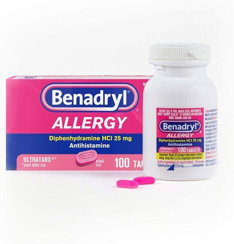 Benadryl Ultratabs Allergy Relief Medicine, 25 mg Diphenhydramine HCl Antihistamine Tablets For Relief of Cold & Allergy Symptoms Like Sneezing, Runny Nose, & Itchy Eyes & Throat, 100 ct in Saudi Arabia