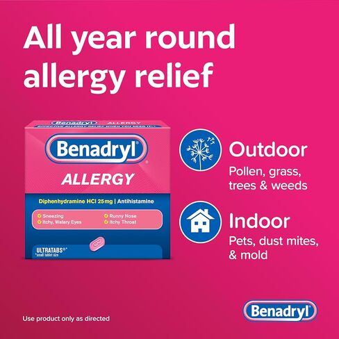 Benadryl Ultratabs Allergy Relief Medicine, 25 mg Diphenhydramine HCl Antihistamine Tablets For Relief of Cold & Allergy Symptoms Like Sneezing, Runny Nose, & Itchy Eyes & Throat, 100 ct in Saudi Arabia