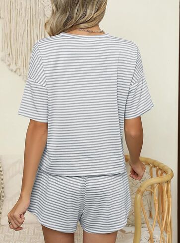 Womens 2 Piece Pajama Set Striped Short Sleeve and Side Split Shorts Sets Cute Pjs in Saudi Arabia
