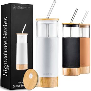 Premium 20oz Glass Tumbler Cup with Straw and Bamboo Lid & Base with Protective Silicone Sleeve - BPA Free - Growler Water Bottle Reusable Drinking Glasses Cup for Iced Tea, Coffee, Smoothie - White in Kuwait