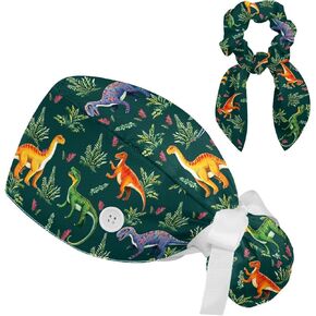 Scrub Caps Women Ponytail, Dinosaurs Surgical Caps with Bouffant Scrunchie, Adjustable Scrub Hats for Nurse Long Hair in Kuwait