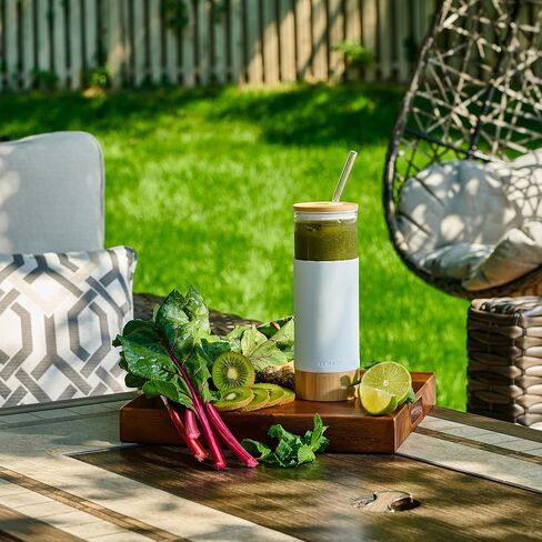 Premium 20oz Glass Tumbler Cup with Straw and Bamboo Lid & Base with Protective Silicone Sleeve - BPA Free - Growler Water Bottle Reusable Drinking Glasses Cup for Iced Tea, Coffee, Smoothie - White in Kuwait