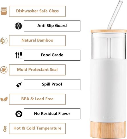 Premium 20oz Glass Tumbler Cup with Straw and Bamboo Lid & Base with Protective Silicone Sleeve - BPA Free - Growler Water Bottle Reusable Drinking Glasses Cup for Iced Tea, Coffee, Smoothie - White in Kuwait