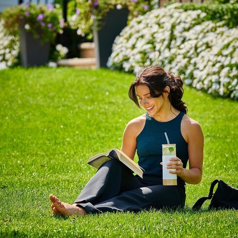 Premium 20oz Glass Tumbler Cup with Straw and Bamboo Lid & Base with Protective Silicone Sleeve - BPA Free - Growler Water Bottle Reusable Drinking Glasses Cup for Iced Tea, Coffee, Smoothie - White in Kuwait