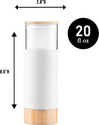 Premium 20oz Glass Tumbler Cup with Straw and Bamboo Lid & Base with Protective Silicone Sleeve - BPA Free - Growler Water Bottle Reusable Drinking Glasses Cup for Iced Tea, Coffee, Smoothie - White in Kuwait
