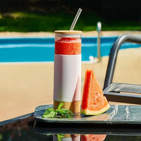 Premium 20oz Glass Tumbler Cup with Straw and Bamboo Lid & Base with Protective Silicone Sleeve - BPA Free - Growler Water Bottle Reusable Drinking Glasses Cup for Iced Tea, Coffee, Smoothie - White in Kuwait