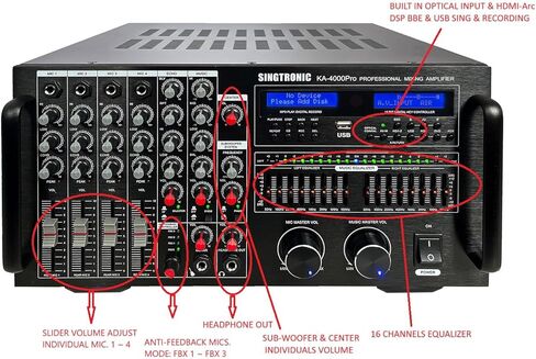 وحدة تحكم رقمية احترافية من SINGTRONIC KA-4000Pro DJ/KJ بقدرة 4000 وات DSP مضخم خلط كاريوكي، وظيفة HDMI، وظيفة التسجيل، وظيفة المعادل، وظيفة بلوتوث إرسال/استقبال من الأجهزة الذكية in Kuwait