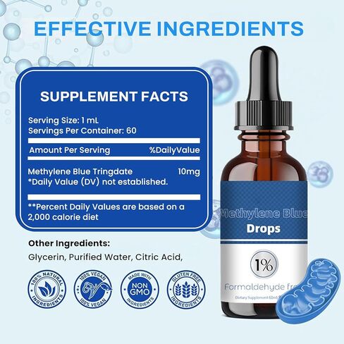 قطرات الميثيلين الزرقاء من الدرجة الصيدلانية، درجة نقاء عالية 99.99% أزرق الميثيلين للبشر، أزرق الميثان للبشر من درجة USP، مكمل 1% مع قطارة، خالٍ من الفورمالديهايد وخالي من الكحول، للسفر المحمول، 60 مل in Kuwait