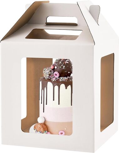 Cake Box with Windows and Handle, 10x10x10 inches, Tall Cake Carrier for Tiered Cakes, White in Saudi Arabia