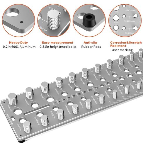 أداة قياس حجم المسمار 51 في 1 ومدقق الخيوط، 32 متريًا و32 SAE مقياس خيط الصواميل والمسمار مع 19 مدقق لقمة الحفر، مخطط حجم المسمار الألومنيوم المشغول باستخدام الحاسب الآلي، معيار Go/No-Go ANSI، قاعدة مضادة للانزلاق in Kuwait
