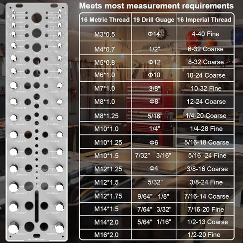 أداة قياس حجم المسمار 51 في 1 ومدقق الخيوط، 32 متريًا و32 SAE مقياس خيط الصواميل والمسمار مع 19 مدقق لقمة الحفر، مخطط حجم المسمار الألومنيوم المشغول باستخدام الحاسب الآلي، معيار Go/No-Go ANSI، قاعدة مضادة للانزلاق in Kuwait