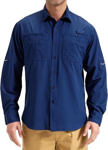 قمصان Ousafeve الرجالية لصيد الأسماك بأكمام طويلة مع جيوب بسحاب UPF50+ قمصان سفاري بأزرار سفلية للمشي لمسافات طويلة والسفر والتخييم in Kuwait