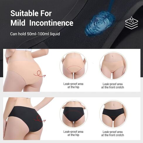 Carer Period Underwear for Women Heavy Flow Womens Leak Proof Menstrual Underwear 50-100ml Absorbent Period Panties Reusable Washable Incontinence Briefs, 2pk-M (Black/Beige) in Saudi Arabia