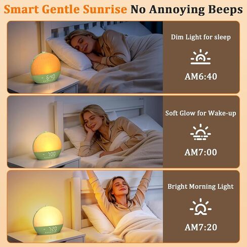 ساعة منبه هادئة وتدريجية لشروق الشمس: ضوء استيقاظ طبيعي بطيء الارتفاع لمدة 30 دقيقة - ساعة قابلة للتعتيم بـ 20 مستوى لمن ينامون بكثرة - سهولة الاستخدام محاكاة شروق الشمس مع 30 صوتًا للنوم، آلة ضوضاء بيضاء in Kuwait