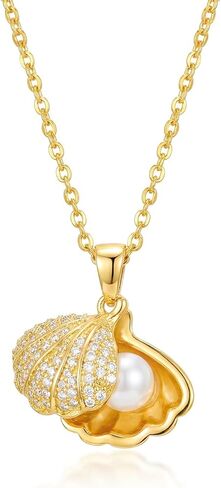Seashell Pearl Pendant Necklace for Women, Simple Pearl Necklaces Pearl with Delicate Cubic Zirconia Setting, Fashion Summer Jewelry Gift in Saudi Arabia