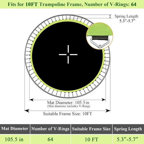 حصيرة استبدال الترامبولين، القطر: 105.5 بوصة، تناسب إطارًا بطول 10 أقدام، مع حلقات على شكل حرف V مقاس 54/56/60/64 للاختيار وأداة زنبركية، تناسب زنبركات مقاس 5.3 بوصة - 5.7 بوصة، مقاومة للأشعة فوق البنفسجية in Kuwait