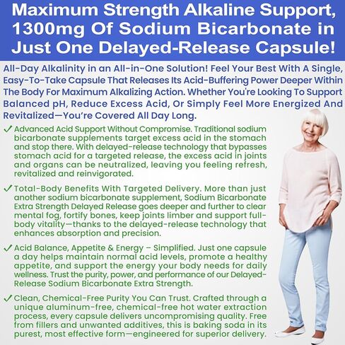 Sodium Bicarbonate Capsules Extra Strength 1300mg Organic Use Sodium Bicarbonate Tablets. Pure Bicarbonate of Soda Strongest Pill of Bicarbonato De Sodio para Tomar Available 120 Sodium Tablets in Kuwait