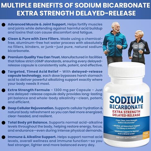 Sodium Bicarbonate Capsules Extra Strength 1300mg Organic Use Sodium Bicarbonate Tablets. Pure Bicarbonate of Soda Strongest Pill of Bicarbonato De Sodio para Tomar Available 120 Sodium Tablets in Kuwait