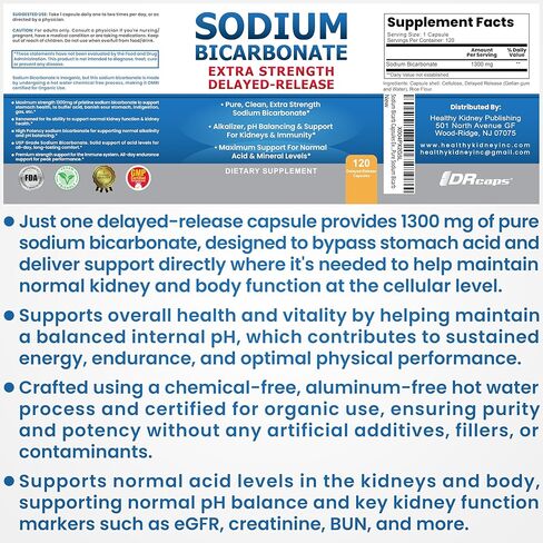 Sodium Bicarbonate Capsules Extra Strength 1300mg Organic Use Sodium Bicarbonate Tablets. Pure Bicarbonate of Soda Strongest Pill of Bicarbonato De Sodio para Tomar Available 120 Sodium Tablets in Kuwait