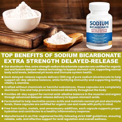 Sodium Bicarbonate Capsules Extra Strength 1300mg Organic Use Sodium Bicarbonate Tablets. Pure Bicarbonate of Soda Strongest Pill of Bicarbonato De Sodio para Tomar Available 120 Sodium Tablets in Kuwait