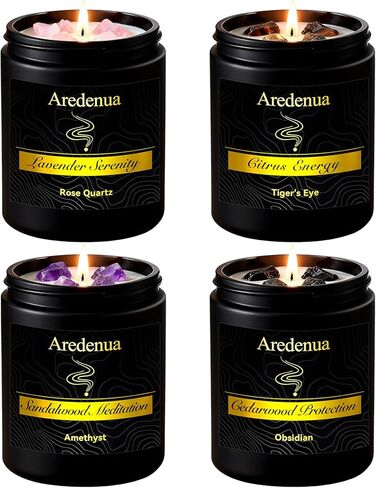 مجموعة شموع معطرة، 4 عبوات من شموع الشفاء الكريستالية مع حجر السج الكوارتز الوردي وعين النمر، شموع شمع الصويا الطبيعية 7oz، خشب الصندل والحمضيات واللافندر، هدايا التأمل للنساء والرجال in Kuwait