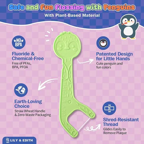 LILY & EDITH Straw Wheat Kids Flossers 160ct, Plant Based Dental Floss Picks for Children, Fluoride & Chemical Free(PFA Free), Penguin Flossing Sticks for Toddler, Paper Package, Unflavored in Saudi Arabia