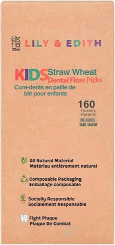 LILY & EDITH Straw Wheat Kids Flossers 160ct, Plant Based Dental Floss Picks for Children, Fluoride & Chemical Free(PFA Free), Penguin Flossing Sticks for Toddler, Paper Package, Unflavored in Saudi Arabia