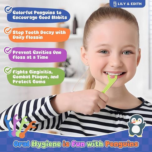 LILY & EDITH Straw Wheat Kids Flossers 160ct, Plant Based Dental Floss Picks for Children, Fluoride & Chemical Free(PFA Free), Penguin Flossing Sticks for Toddler, Paper Package, Unflavored in Saudi Arabia