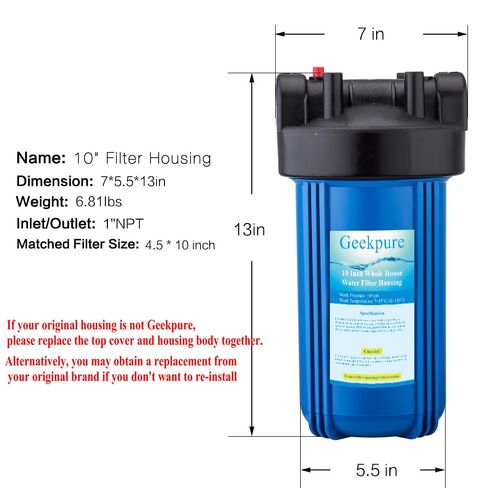 Geekpure 10-Inch Whole House Water Filter Housing 4.5"x10" -Blue Color-1-Inch Inlet -Pack of 2 in Saudi Arabia